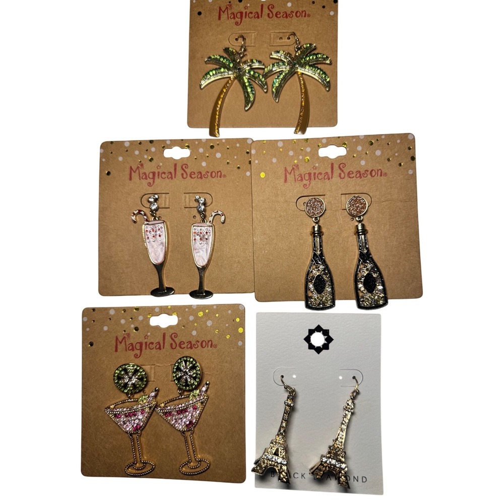 Magical Season Novelty Earring Lot 5 Pairs Champagne Cocktail Palm Eiffel Tower